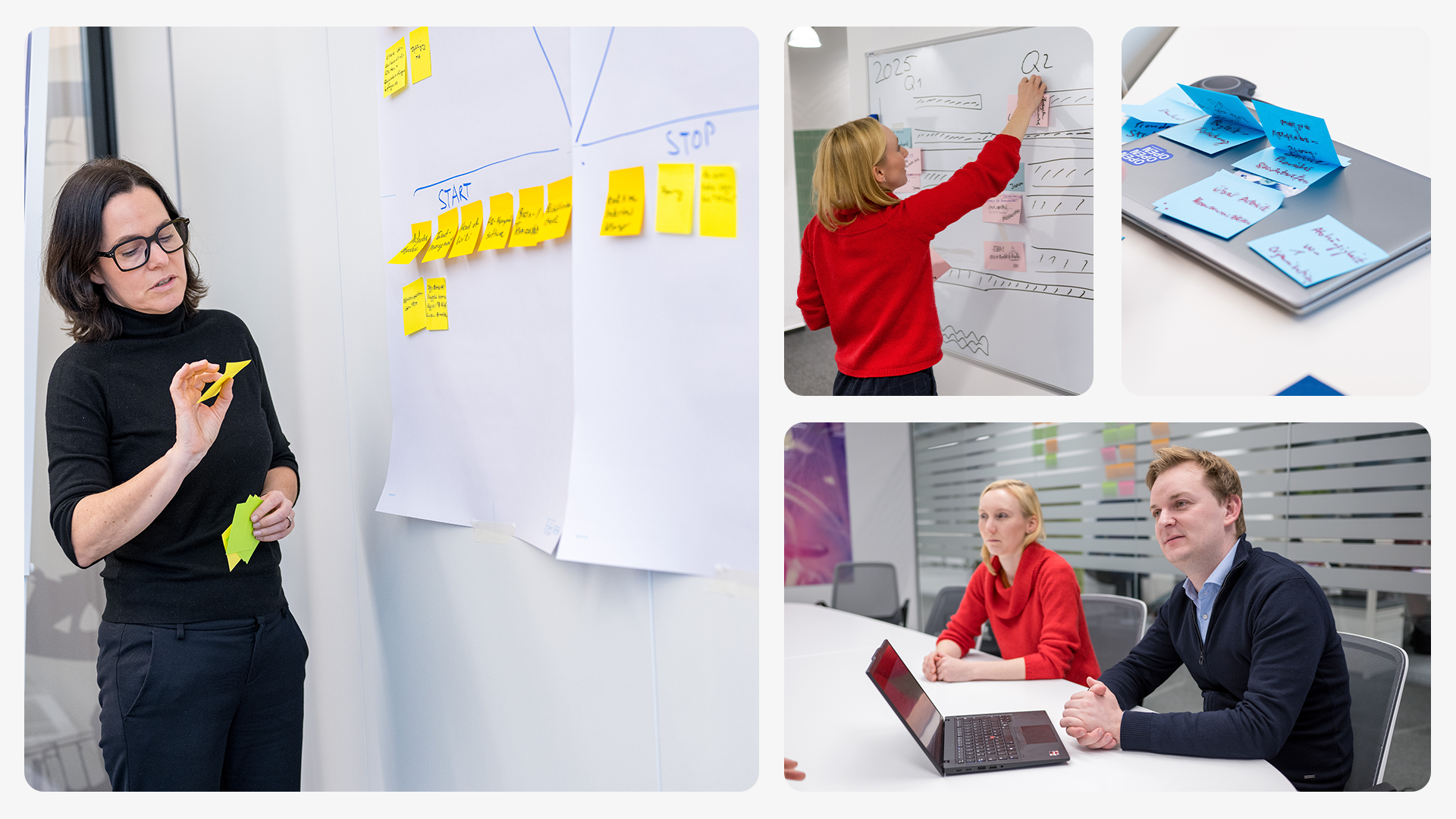 Collage von Personen, die an einem Tisch mit bunten Haftnotizen arbeiten und Ideen austauschen.