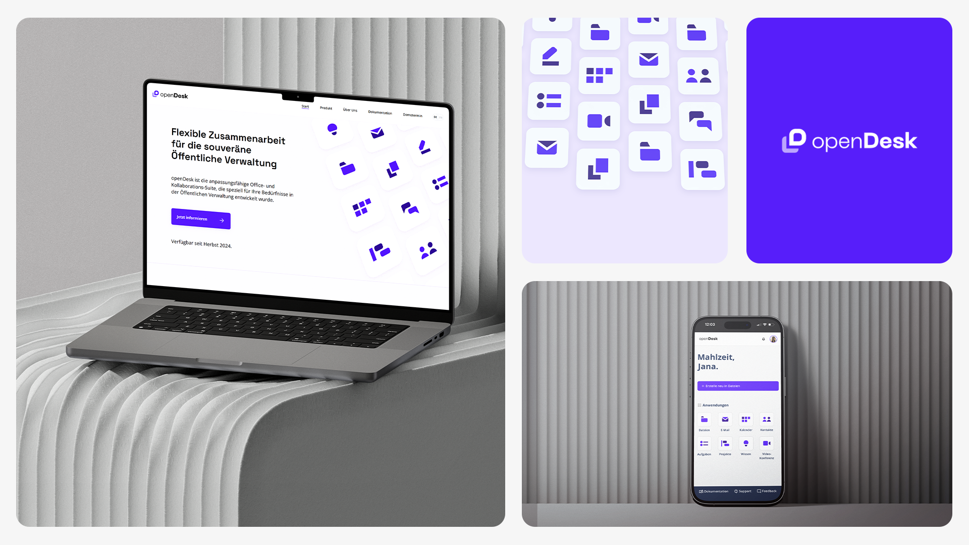 Ein Laptop und ein Smartphone werden in einer Collage präsentiert. Auf Ihnen sieht man Screenshots von openDesk. Das openDesk Logo und verschiedene Icons sind oben rechts in der Collage zu sehen