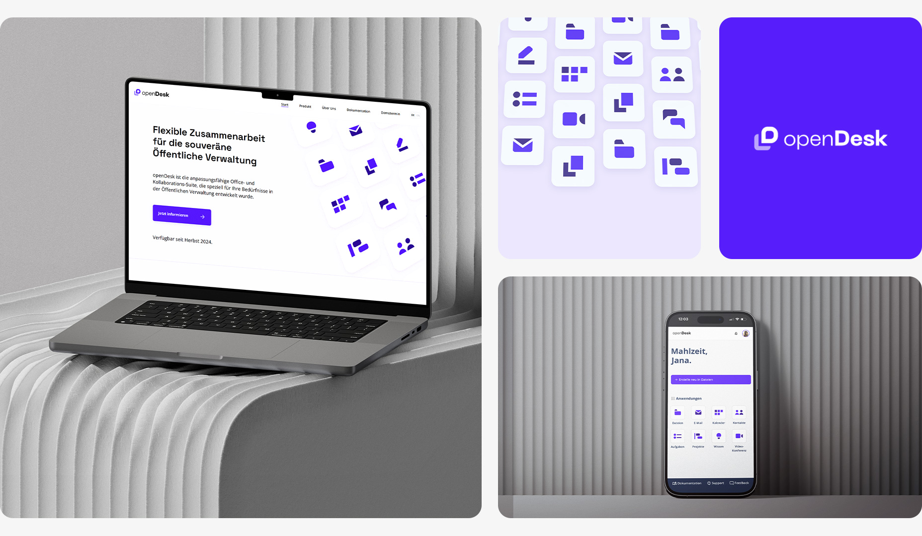 Ein Laptop und ein Smartphone werden in einer Collage präsentiert. Auf Ihnen sieht man Screenshots von openDesk. Das openDesk Logo und verschiedene Icons sind oben rechts in der Collage zu sehen