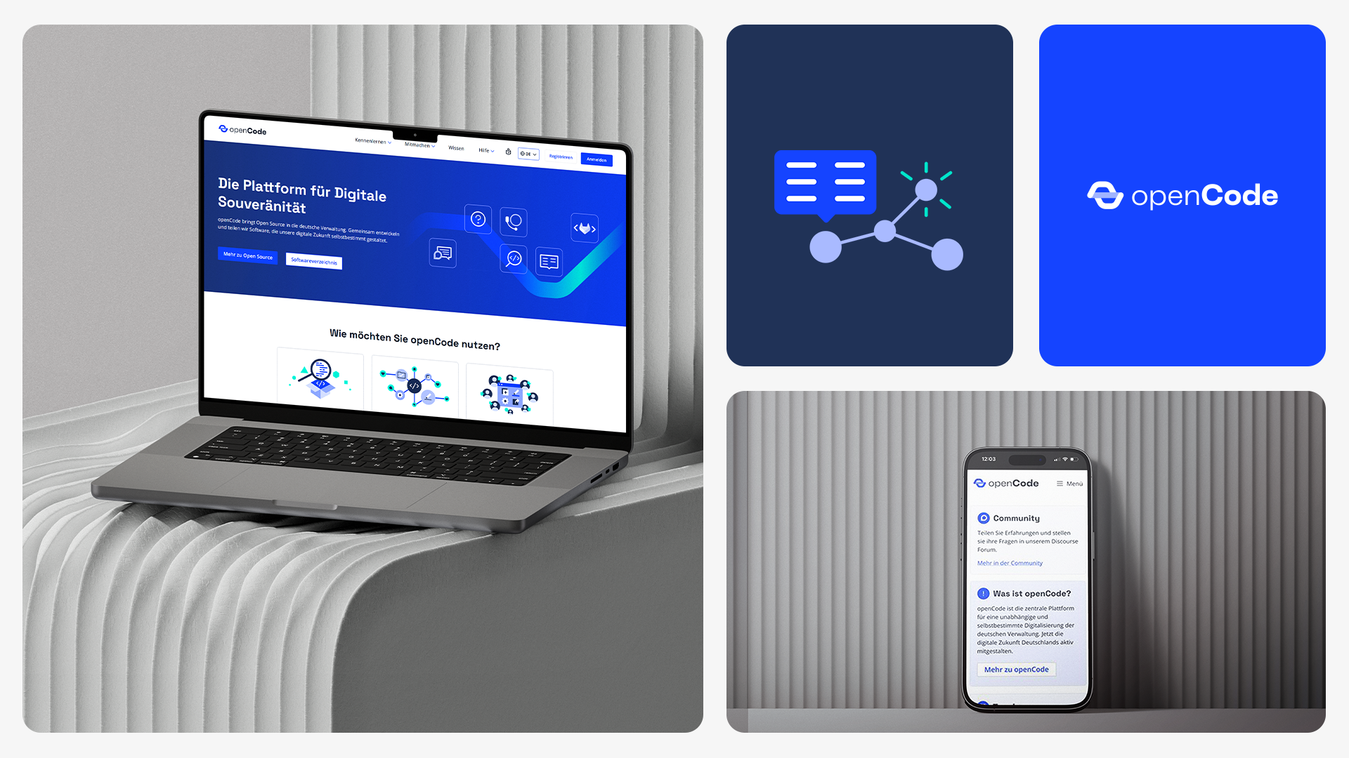 Ein Laptop und ein Smartphone werden in einer Collage präsentiert. Auf Ihnen sieht man Screenshots von openCode. Das openCode Logo und ein Icon sind oben rechts in der Collage zu sehen