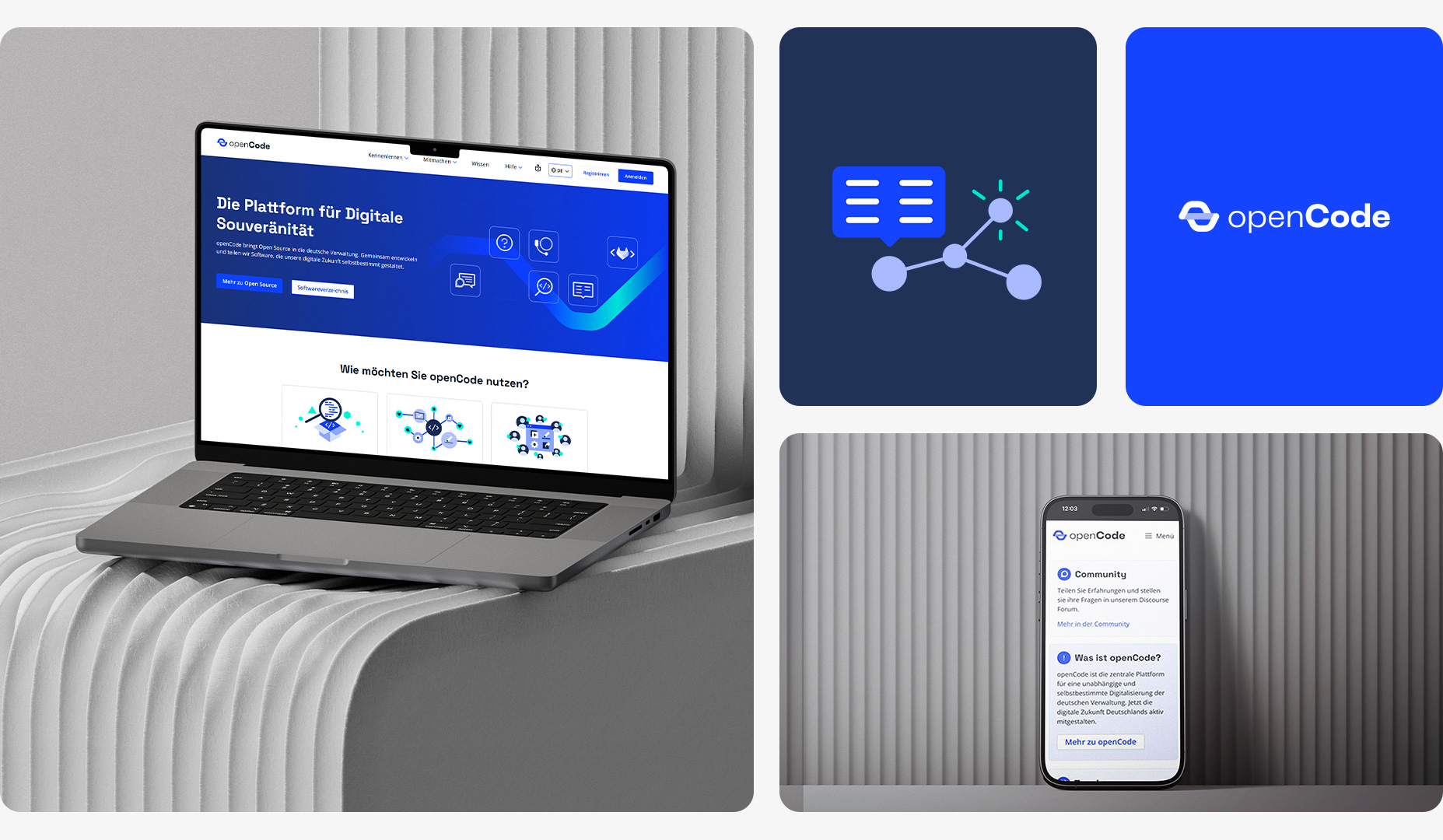 Ein Laptop und ein Smartphone werden in einer Collage präsentiert. Auf Ihnen sieht man Screenshots von openCode. Das openCode Logo und ein Icon sind oben rechts in der Collage zu sehen