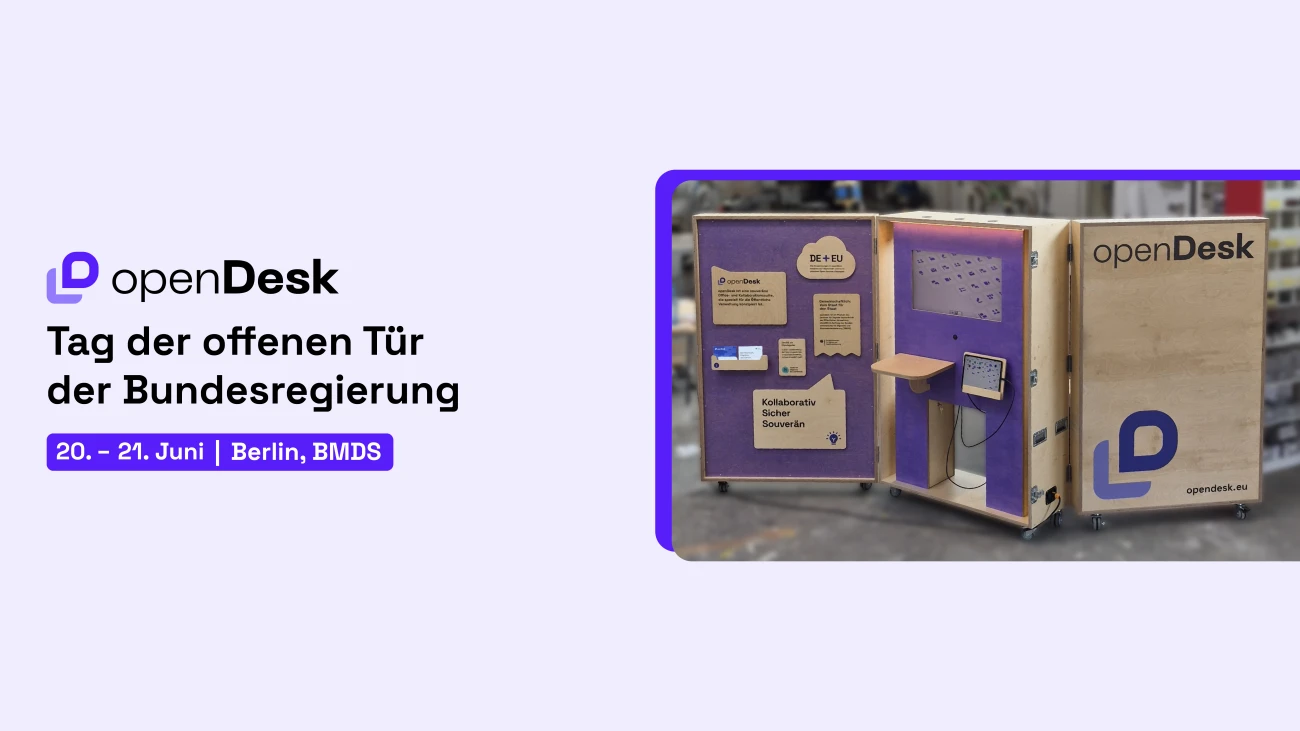 Graphic featuring an image of the openDesk showroom and key details about the Federal Government’s Open House event. The event will take place June 20–21, 2026, at the Federal Ministry for Digital Transformation and Government Modernisation (BMDS) in Berlin.