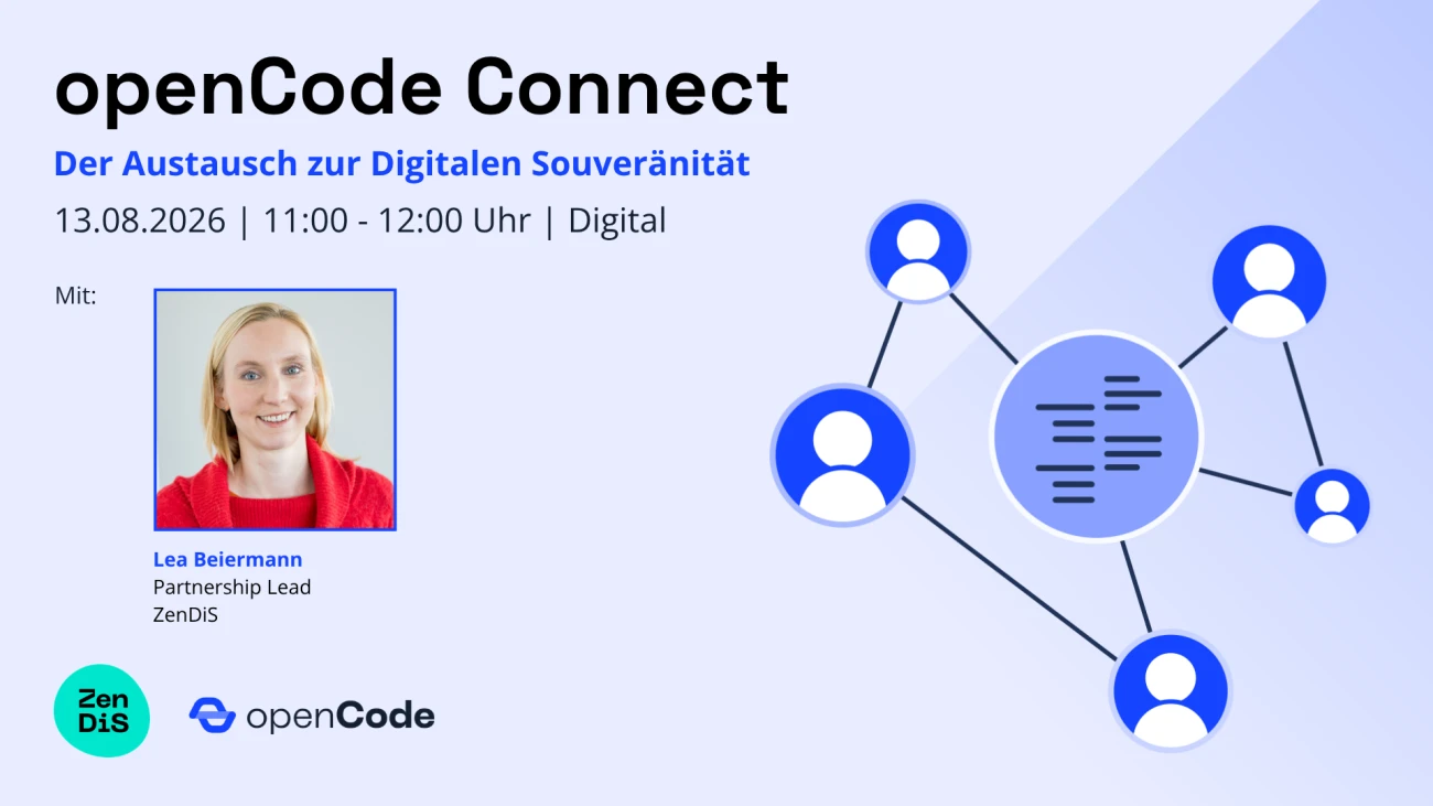 Graphic for the openCode Connect digital event in August 2026, featuring a photo of guest speaker Lea Beiermann and the event details: 13 August 2026, from 11:00h to 12:00h. Lea Beiermann is Partnership Lead at ZenDiS.