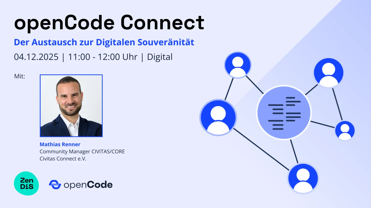 Grafik für die digitale Veranstaltung <span lang="en">openCode Connect</span> Dezember 2025 mit Foto von Gast-Redner Mathias Renner (<span lang="en">Community Manager</span>, Civitas Connect e.V.) und Veranstaltungseckdaten: 04.12.2025 von 11:00 - 12:00 Uhr.