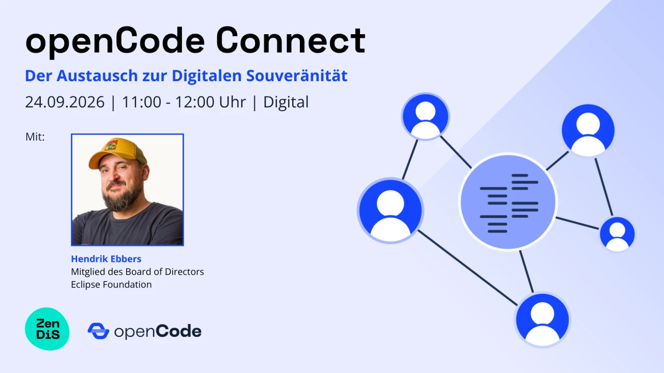 Graphic for the digital event openCode Connect in September 2026, featuring a photo of guest speaker Hendrik Ebbers and the event details: 24 September 2026, from 11:00 to 12:00 o'clock. Hendrik Ebbers is a member of the Board of Directors of the Eclipse Foundation.